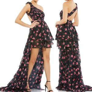 NWT Mac Duggal 70246 One Shoulder Ruffled Rose Floral High Low‎ Gown Black Sz 14